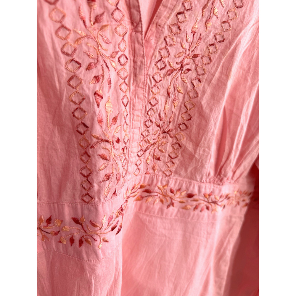 Coral Pink V neck Embroidered Chic lagenlook cotton top tunic Cotton size-26 - Picture 3 of 9